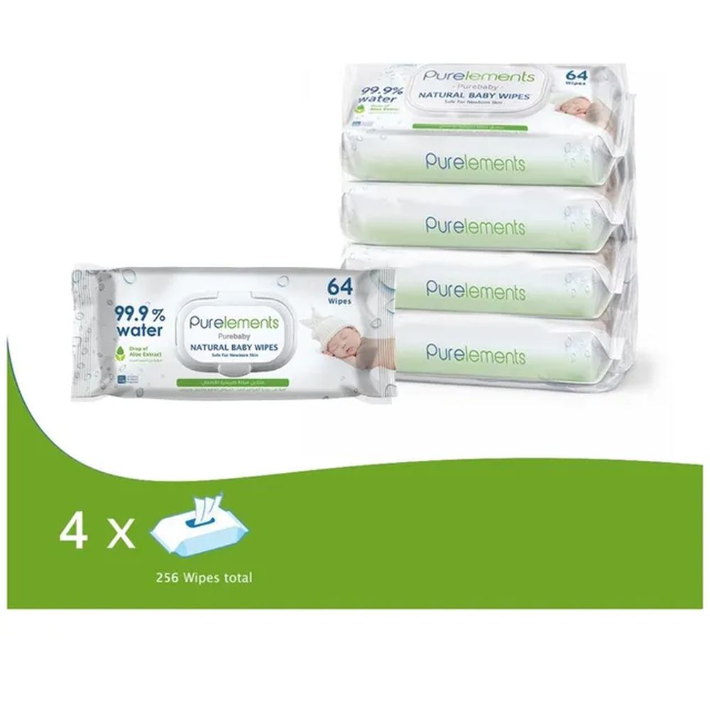 Purelements - Aloe Vera 99.9% Water Wipes for Sensitive Skin (Pack of 4) - 256 Wipes
