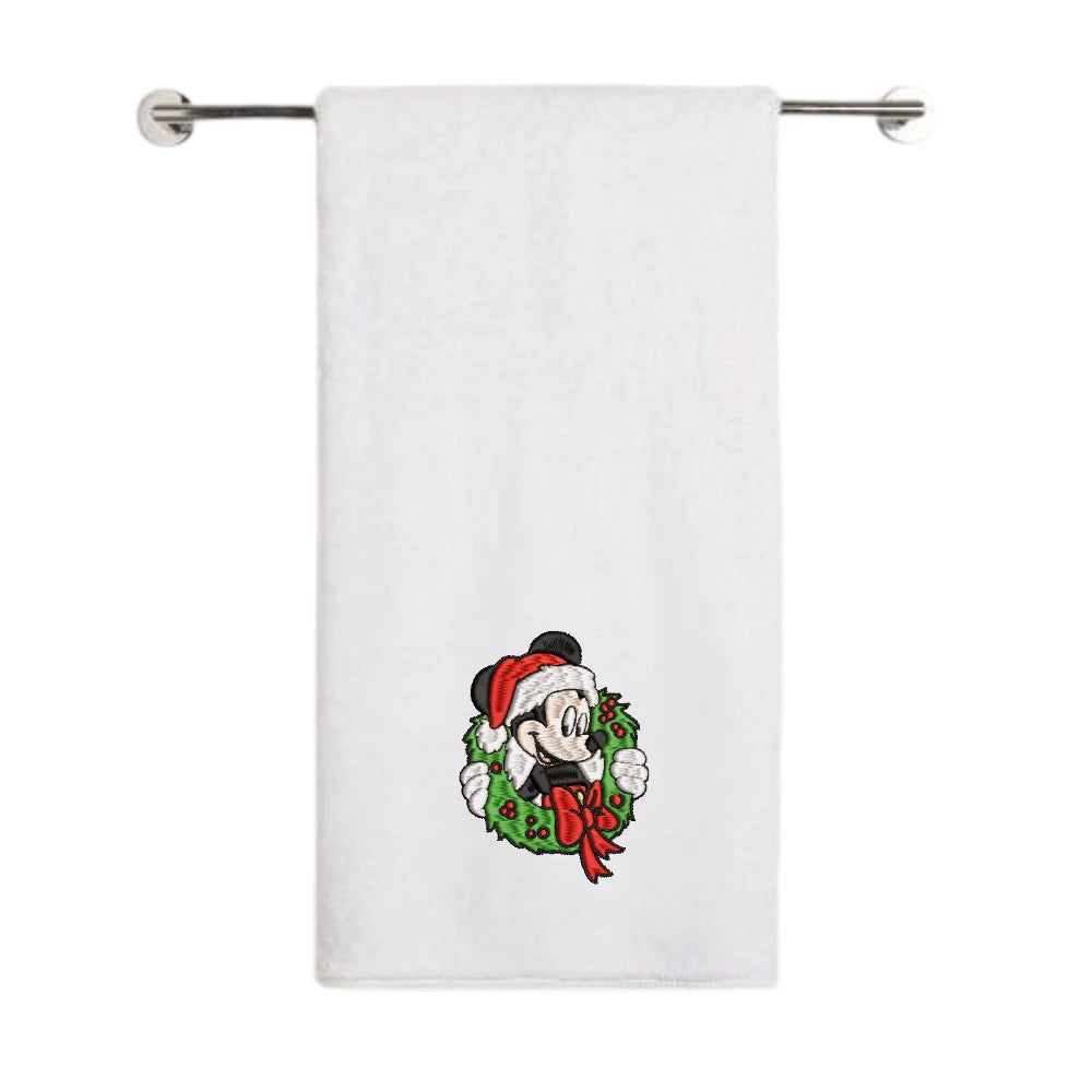 BYFT - Iris Embroidered Bath Towel - Christmas Mickey Mouse In Wreath - 70x140 cm