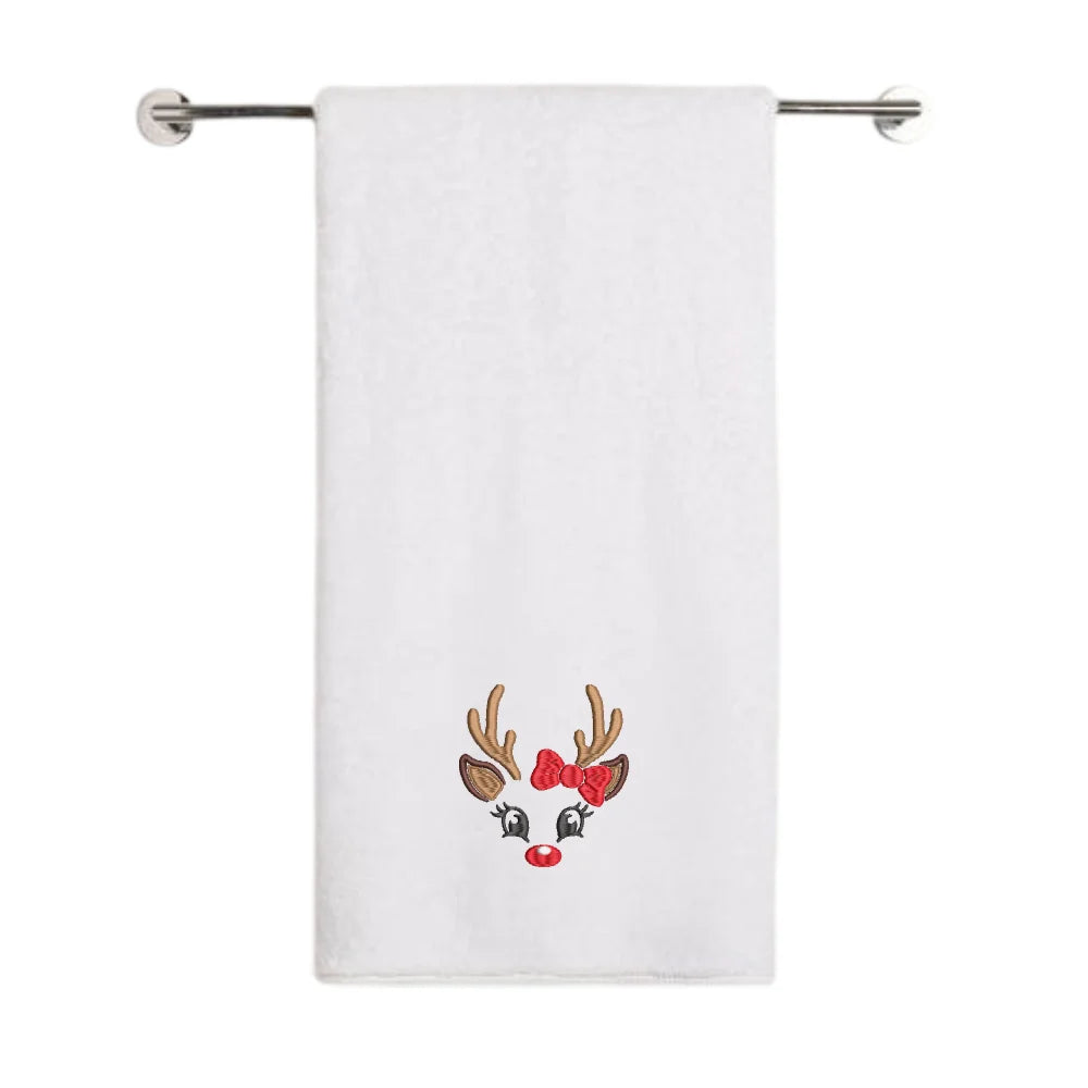 BYFT - Iris Embroidered Bath Towel - Reindeer Face With Bow - 70x140 cm