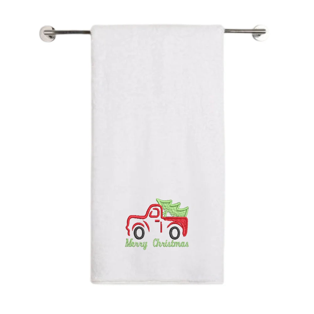 BYFT - Iris Embroidered Bath Towel - Vintage Christmas Truck With Tree - 70x140 cm