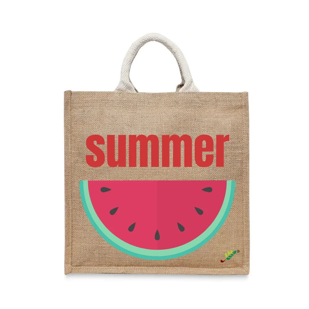 BYFT - Printed Jute Carry-All Tote Bag With Gusset - Summer Watermelon Slice