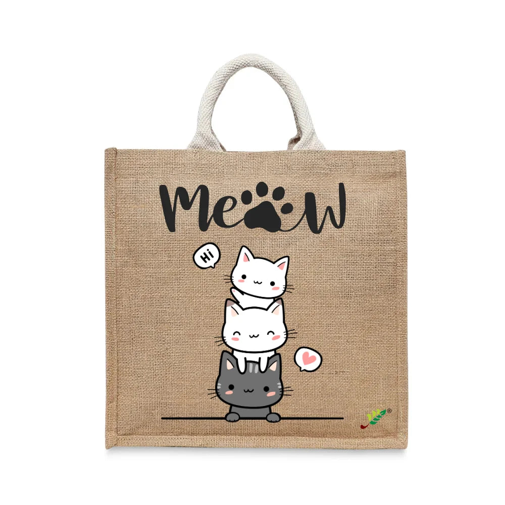 BYFT - Printed Jute Carry-All Tote Bag With Gusset - Hi Meow