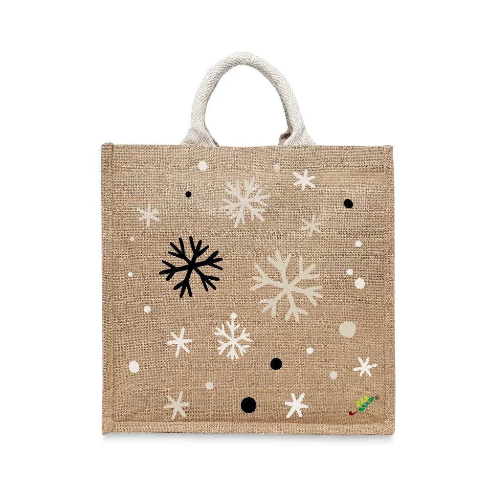 BYFT - Printed Jute Carry-All Tote Bag With Gusset - Snowflakes