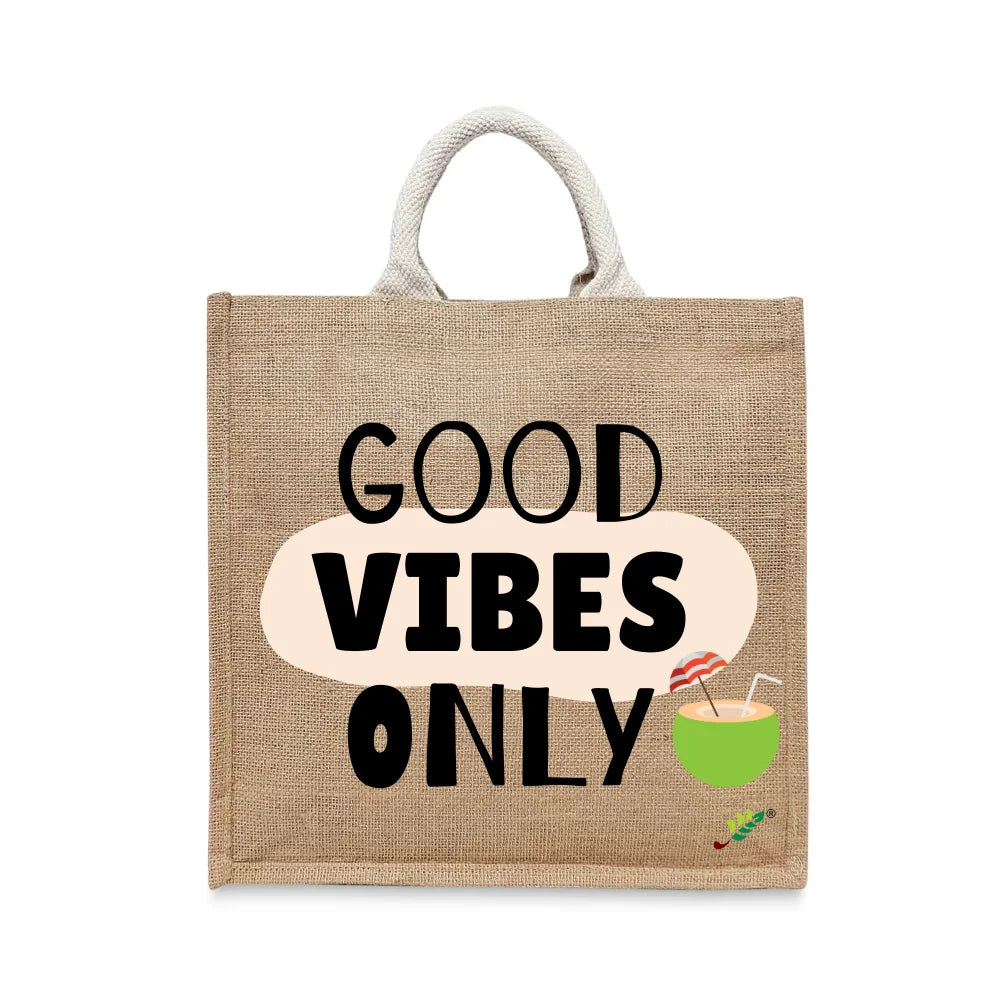 BYFT - Printed Jute Carry-All Tote Bag With Gusset - Good Vibes Only