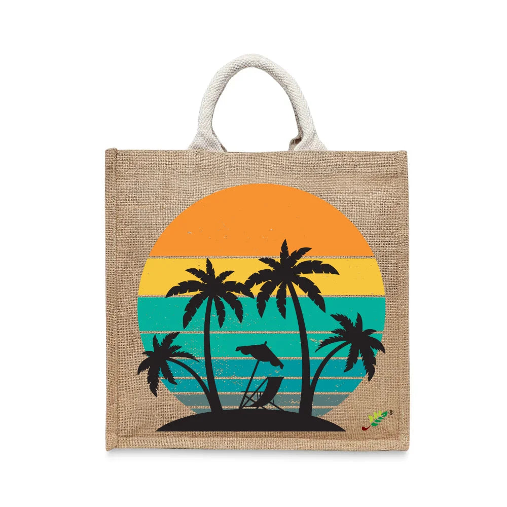 BYFT - Printed Jute Carry-All Tote Bag With Gusset - Sunset & Palms