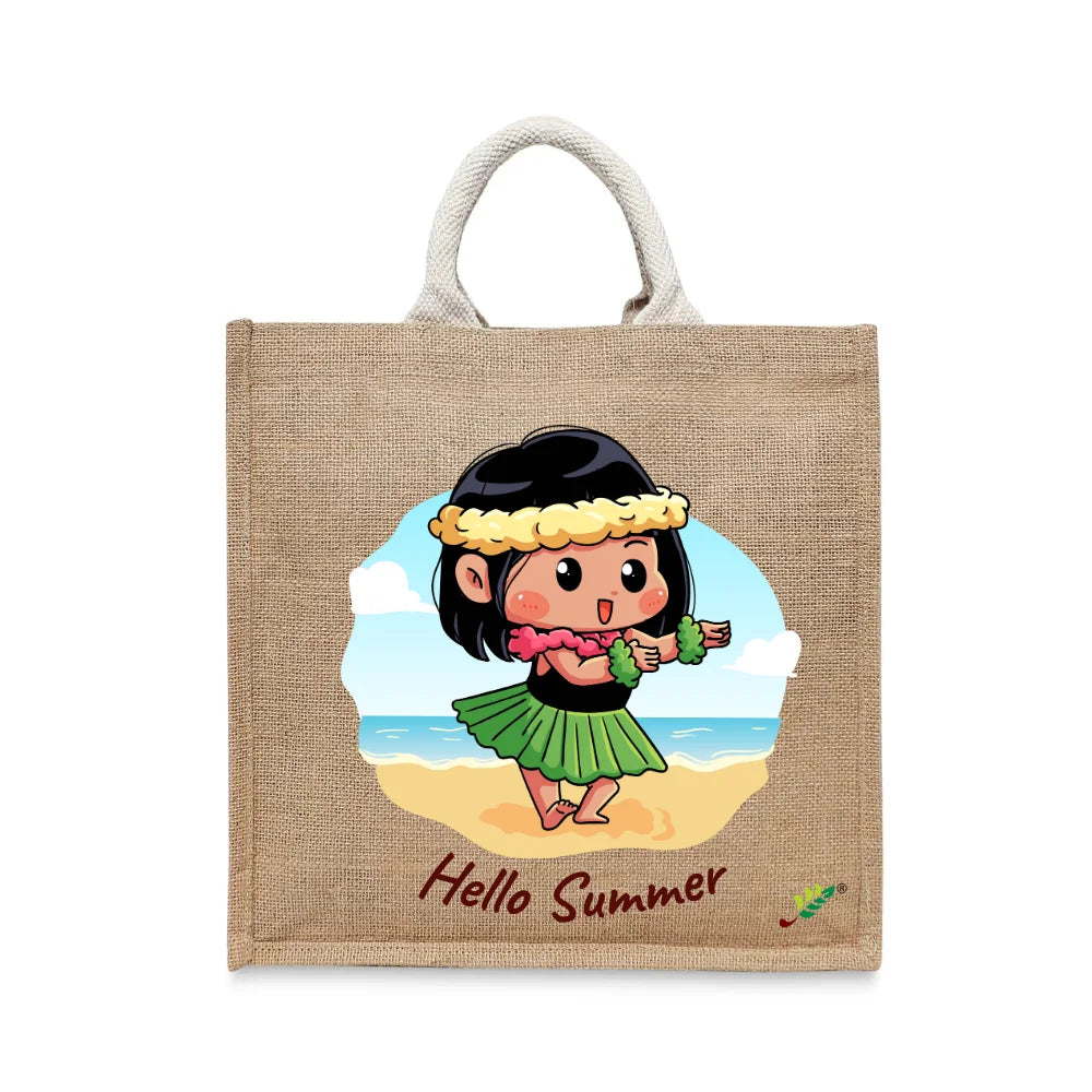 BYFT - Printed Jute Carry-All Tote Bag With Gusset - Little Island Dancer