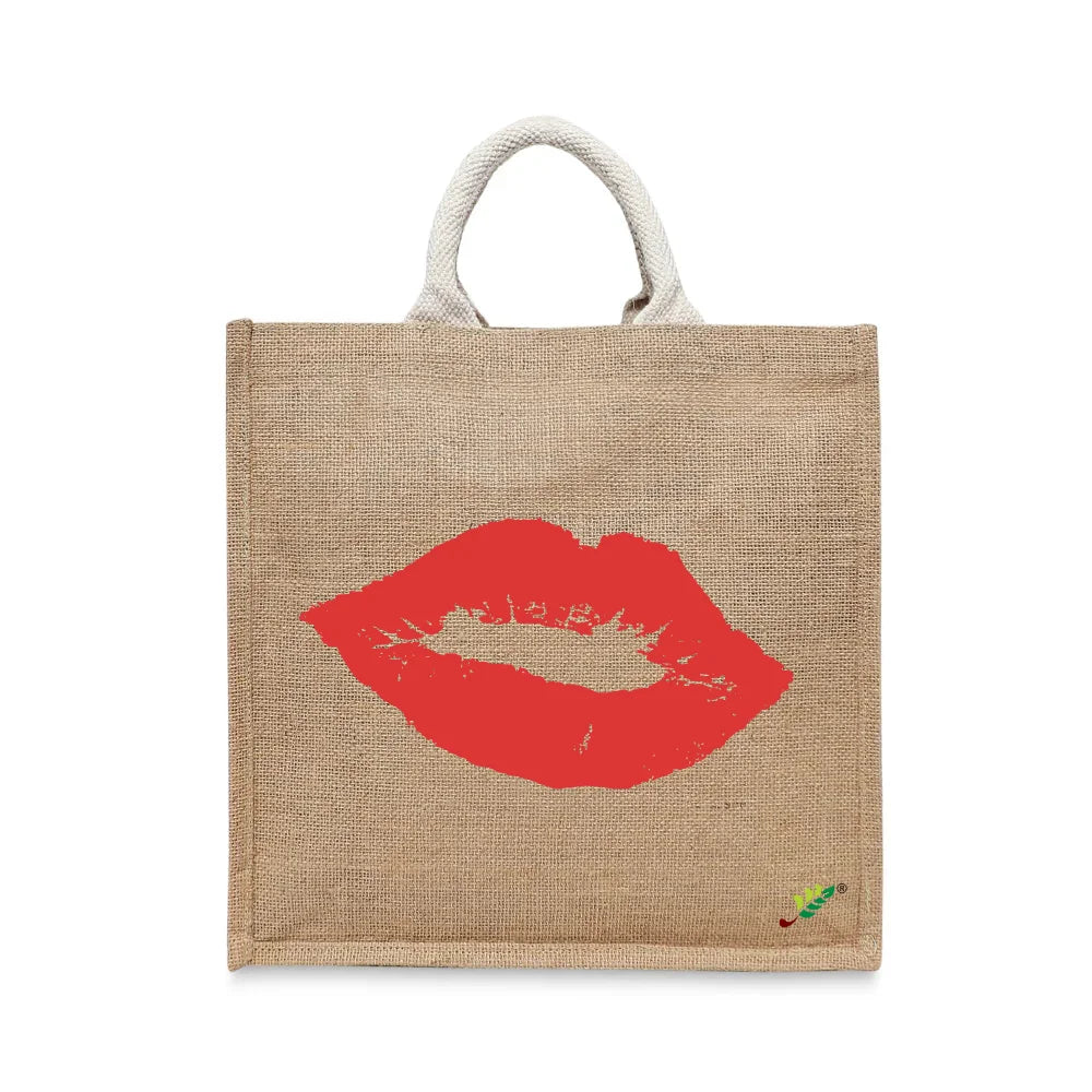 BYFT - Printed Jute Carry-All Tote Bag With Gusset - Red Lip Signature