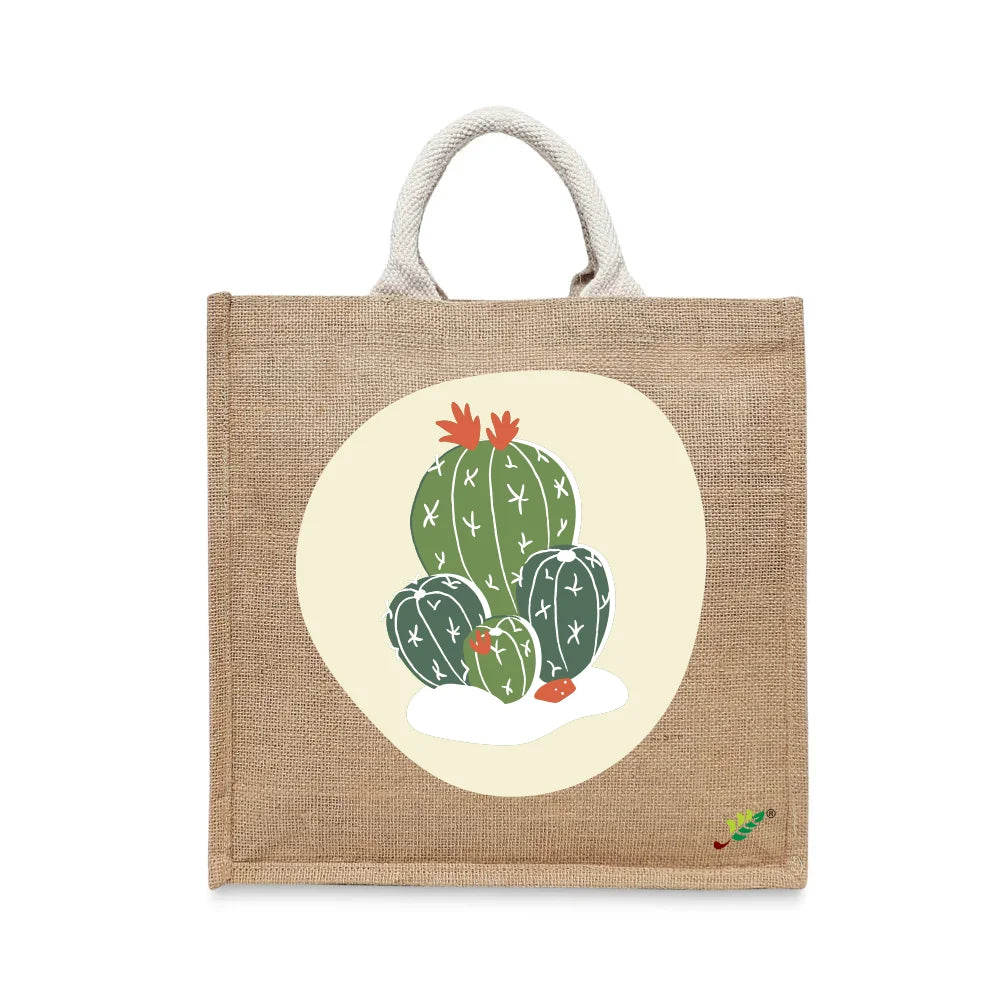 BYFT - Printed Jute Carry-All Tote Bag With Gusset - Cactus Cheers