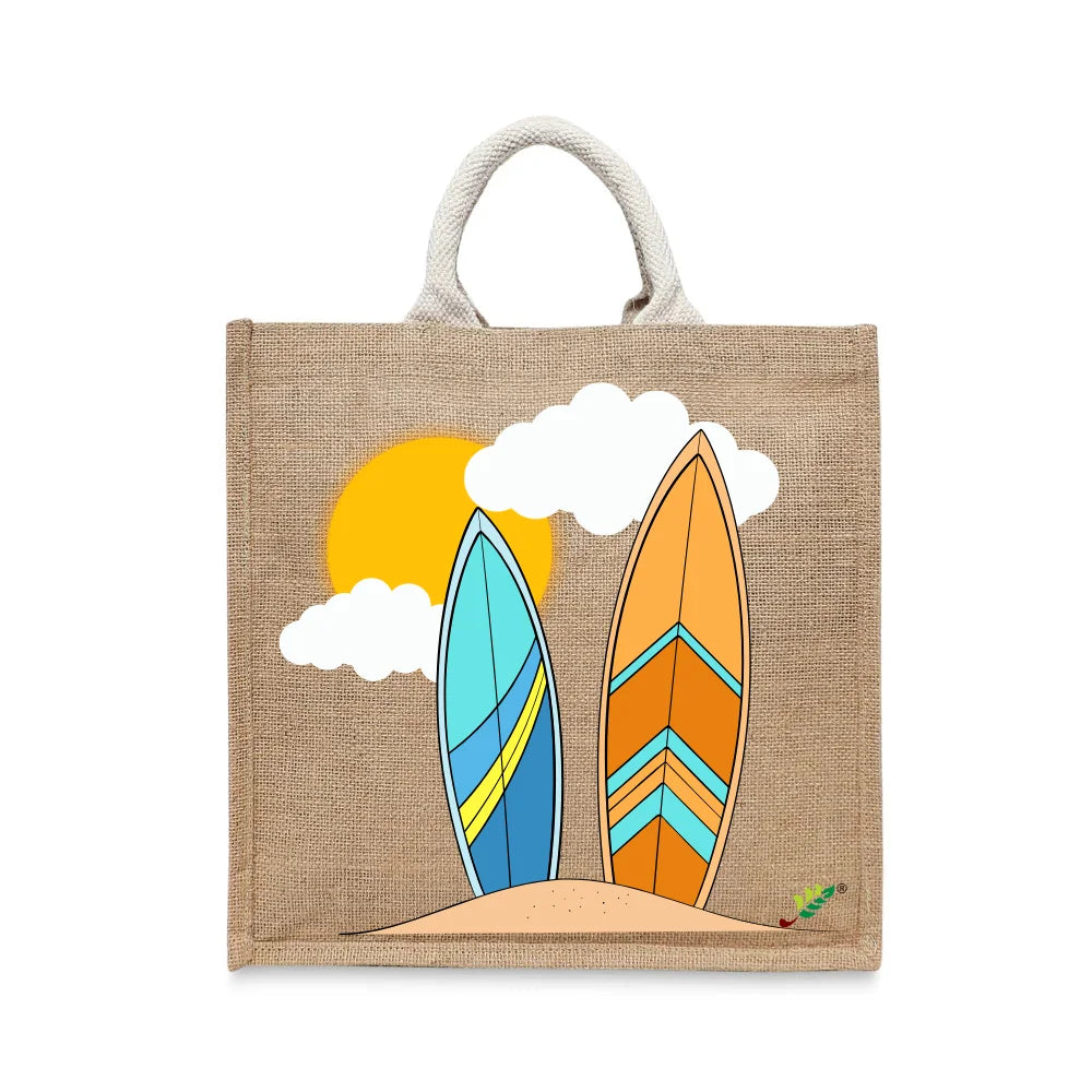 BYFT - Printed Jute Carry-All Tote Bag With Gusset - Surfboards
