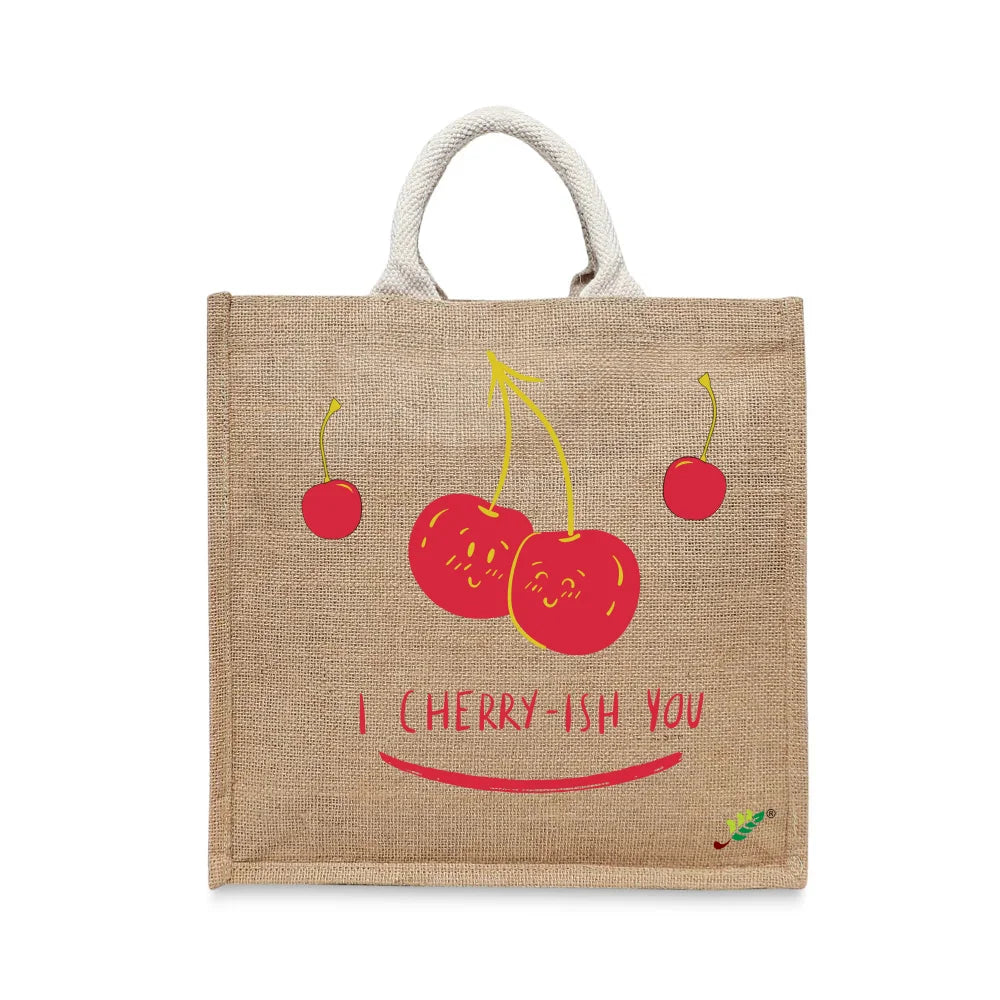 BYFT - Printed Jute Carry-All Tote Bag With Gusset - I Cherry-Ish You