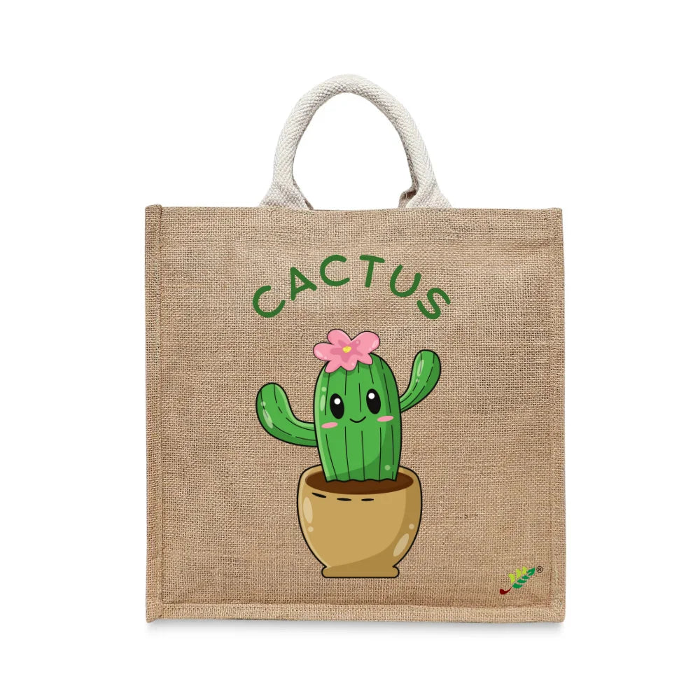 BYFT - Printed Jute Carry-All Tote Bag With Gusset - Happy Cactus