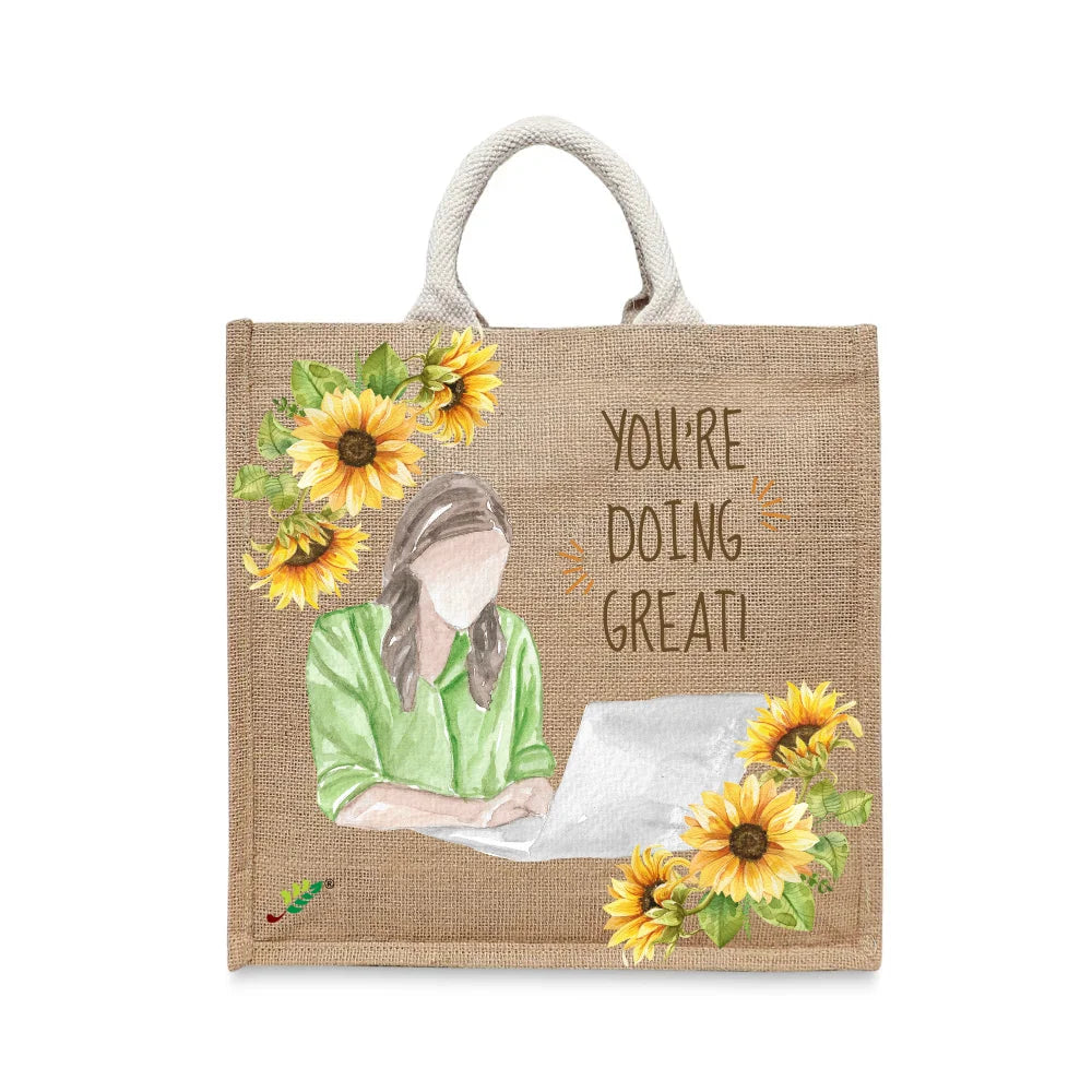BYFT - Printed Jute Carry-All Tote Bag With Gusset - You're Doing Great 2