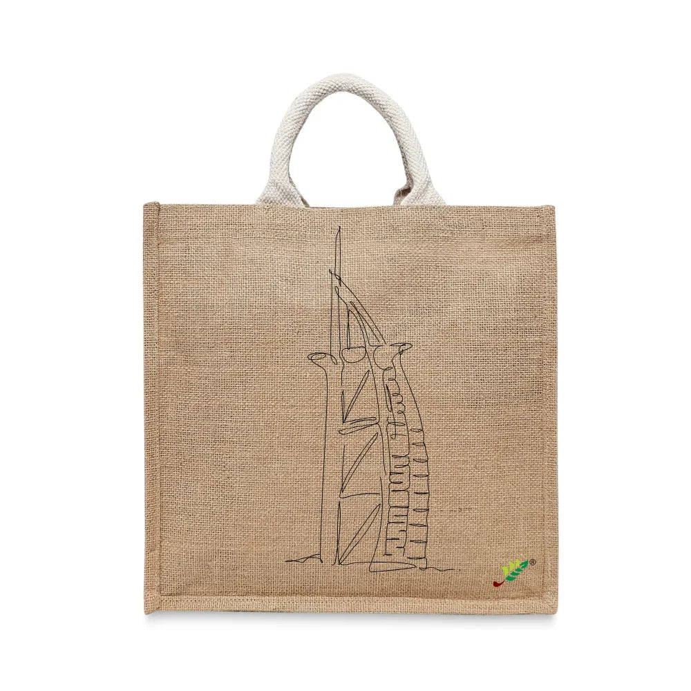 BYFT - Printed Jute Carry-All Tote Bag With Gusset - Burj Al Arab
