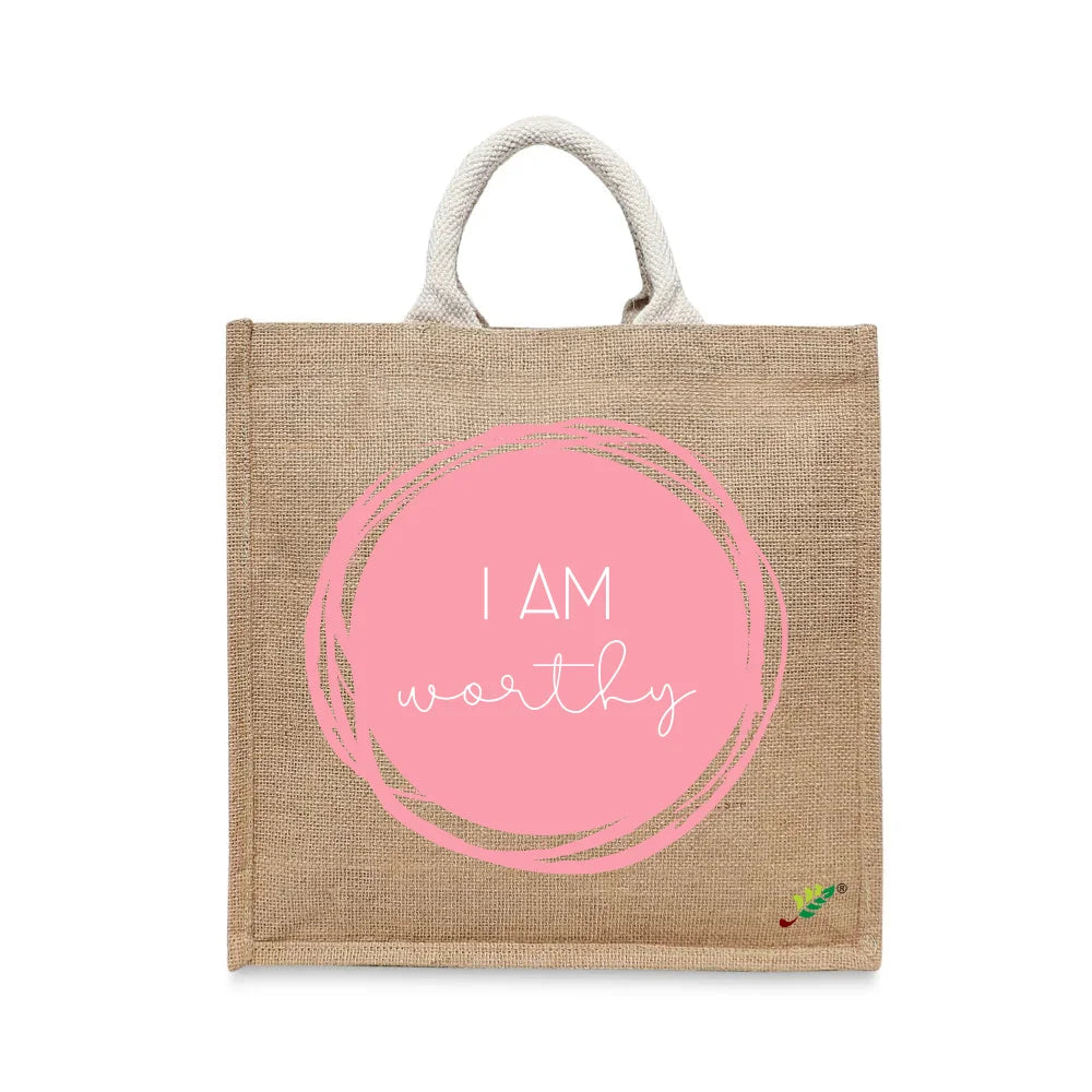 BYFT - Printed Jute Carry-All Tote Bag With Gusset - I Am Worthy
