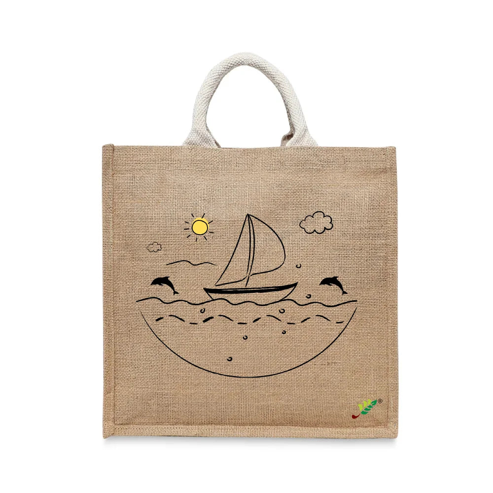 BYFT - Ocean Dreams Printed Laminated Jute Bag With Gusset - Brown