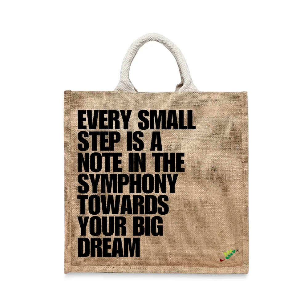 BYFT - Every Small Step Is A Note Printed Laminated Jute Bag With Gusset - Brown