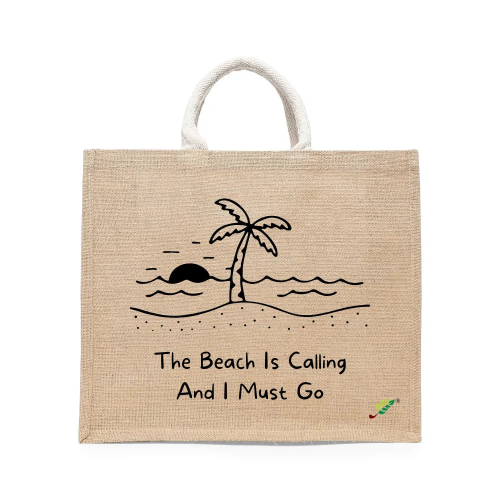BYFT - The Beach Is Calling Printed Laminated Jute Bag With Gusset - Brown - 43 cm