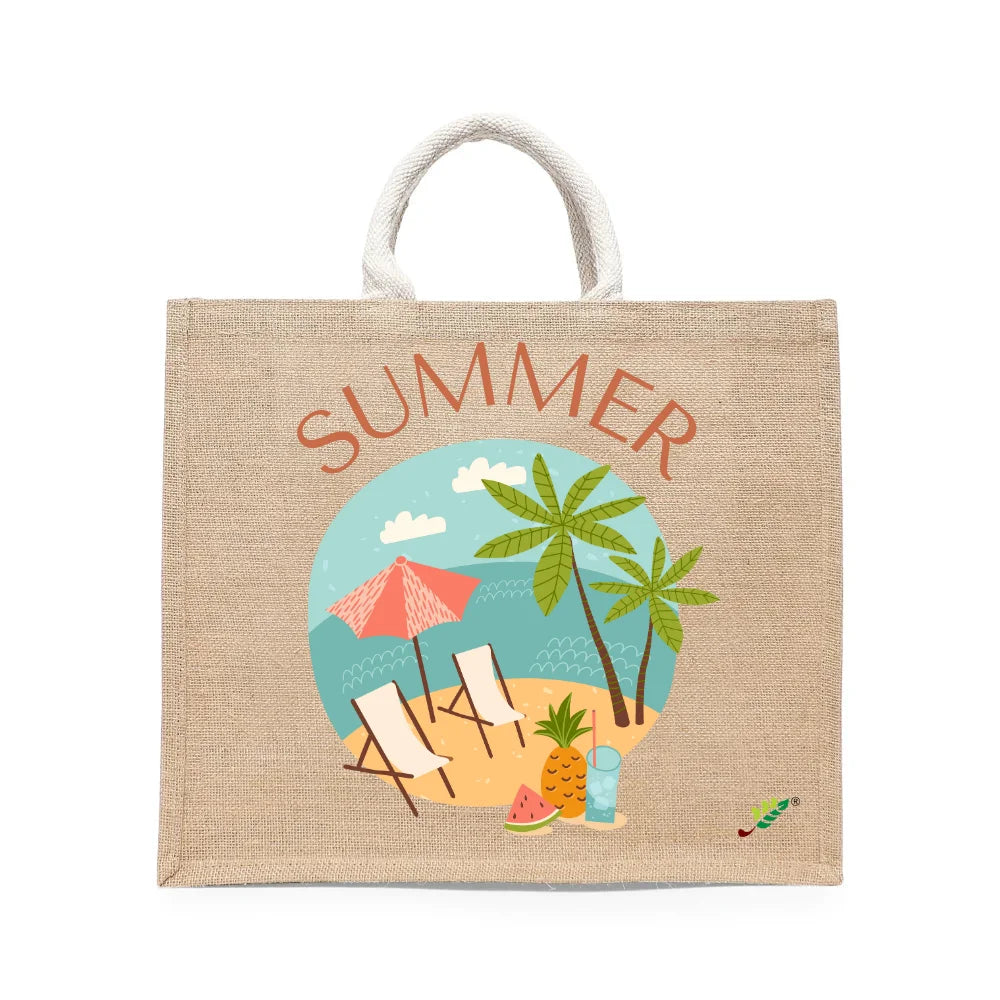 BYFT - Summer Beach Printed Laminated Jute Bag With Gusset - Brown - 43 cm