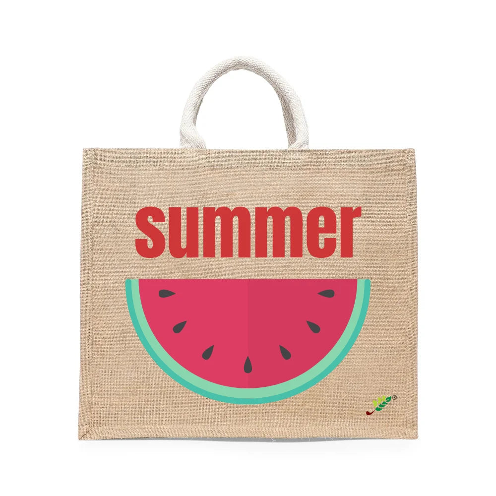 BYFT - Summer Watermelon Slice Printed Laminated Jute Bag With Gusset - Brown - 43 cm