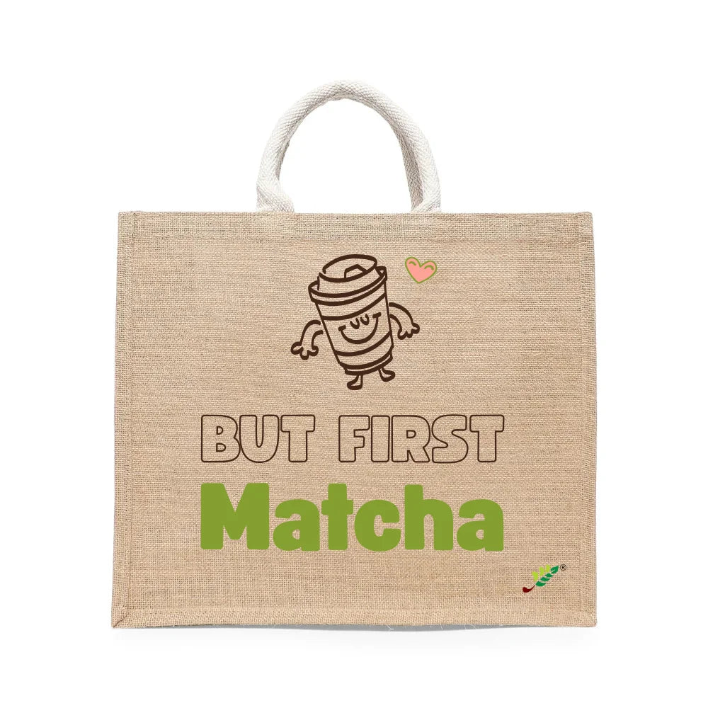 BYFT - But First Matcha Printed Laminated Jute Bag With Gusset - Brown - 43 cm