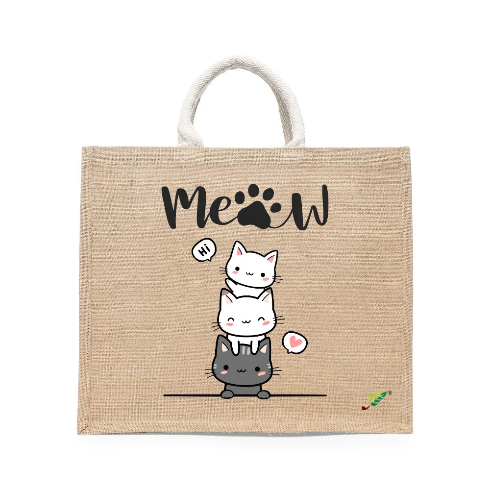 BYFT - Hi Meow Printed Laminated Jute Bag With Gusset - Brown - 43 cm