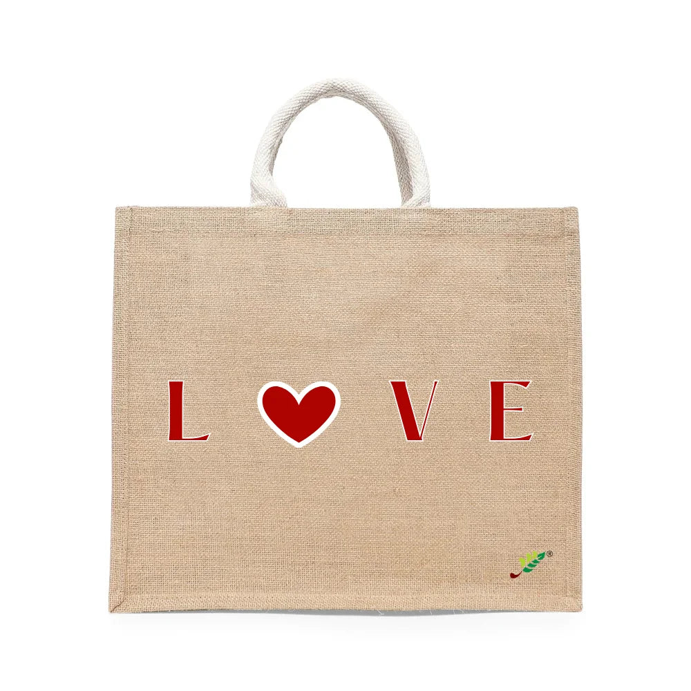 BYFT - Love Printed Laminated Jute Bag With Gusset - Brown - 43 cm