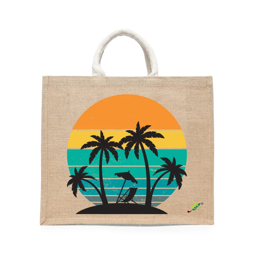 BYFT - Sunset & Palms Printed Laminated Jute Bag With Gusset - Brown - 43 cm