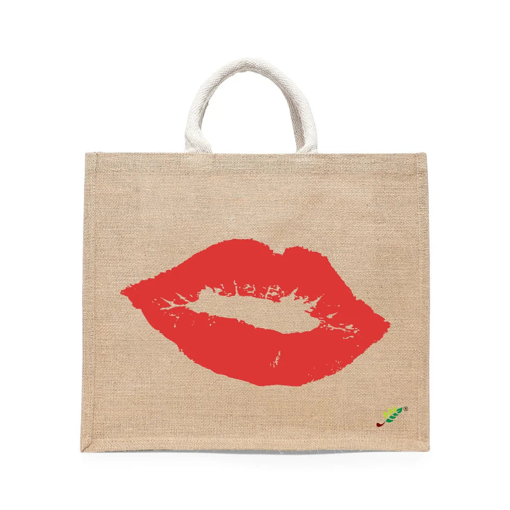 BYFT - Red Lip Signature Printed Laminated Jute Bag With Gusset - Brown - 43 cm