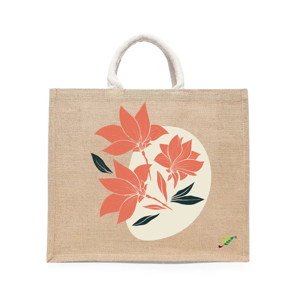 BYFT - Coral Bloom Printed Laminated Jute Bag With Gusset - Brown - 43 cm