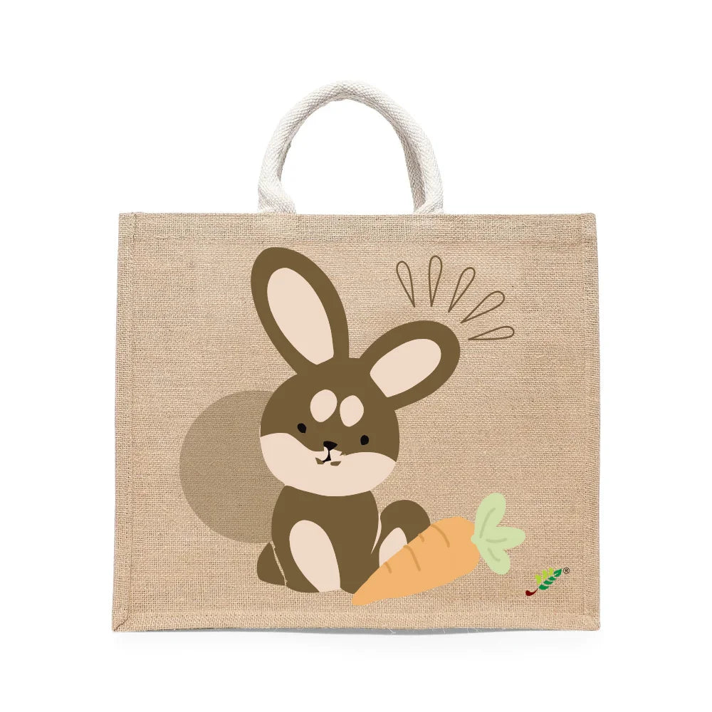 BYFT - Rabbit With Carrot Printed Laminated Jute Bag With Gusset - Brown - 43 cm