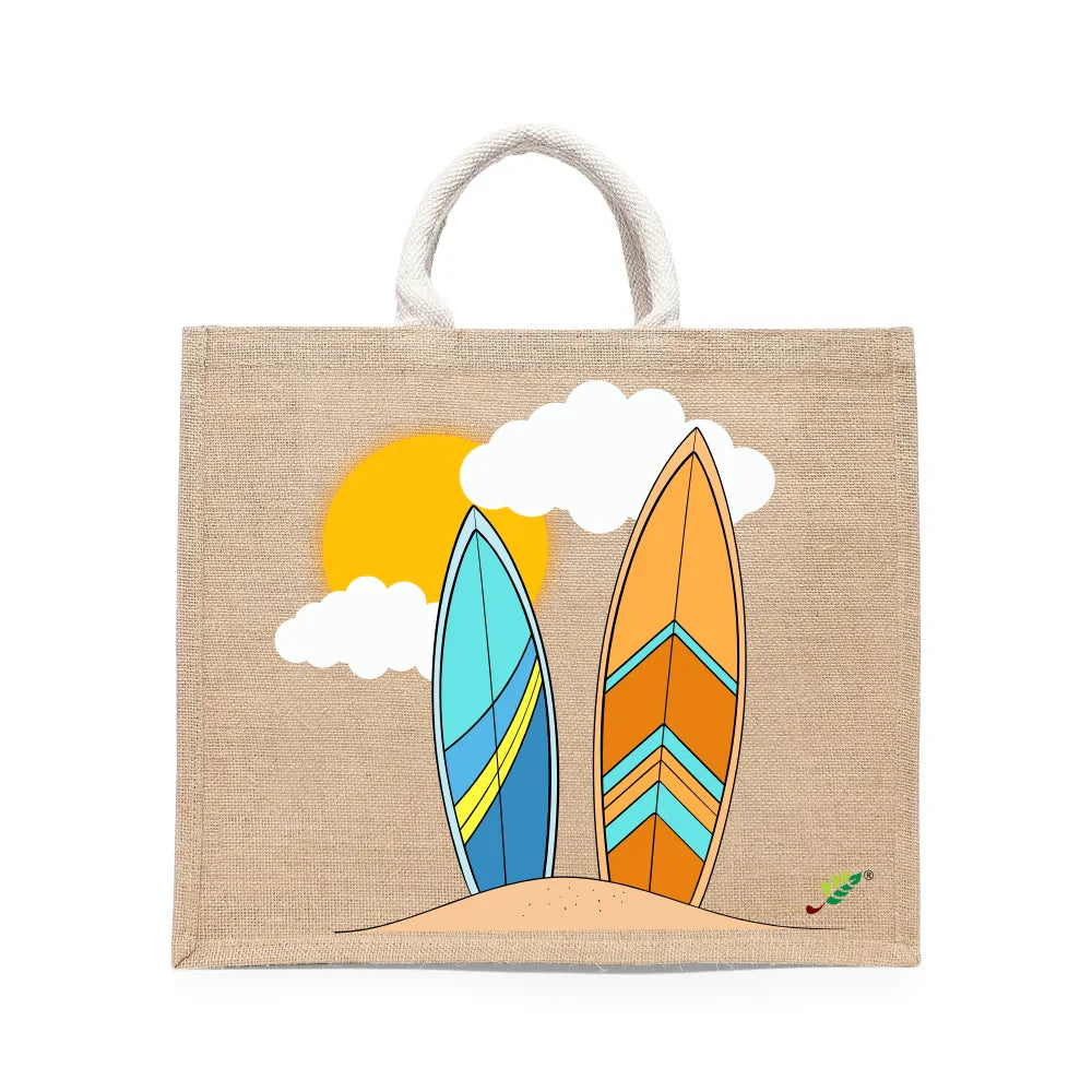 BYFT - Surfboards Printed Laminated Jute Bag With Gusset - Brown - 43 cm