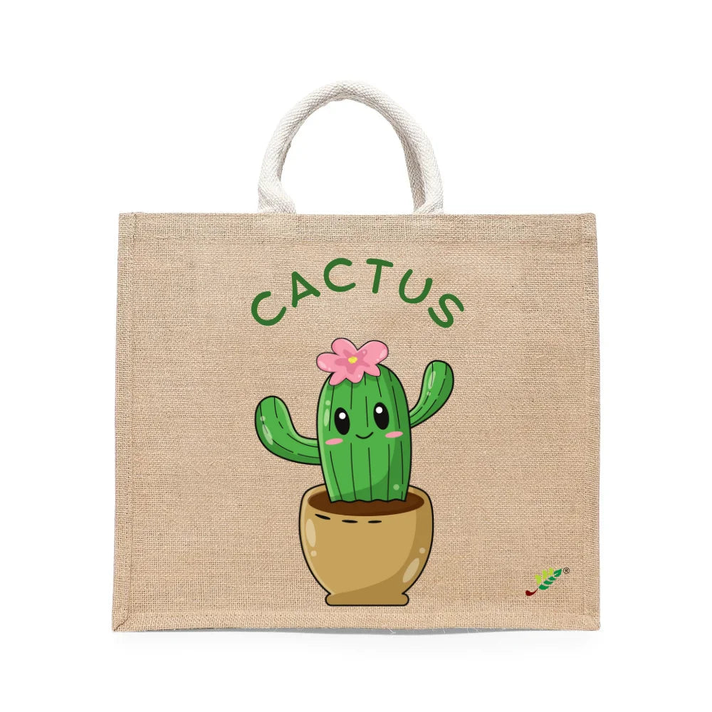 BYFT - Happy Cactus Printed Laminated Jute Bag With Gusset - Brown - 43 cm
