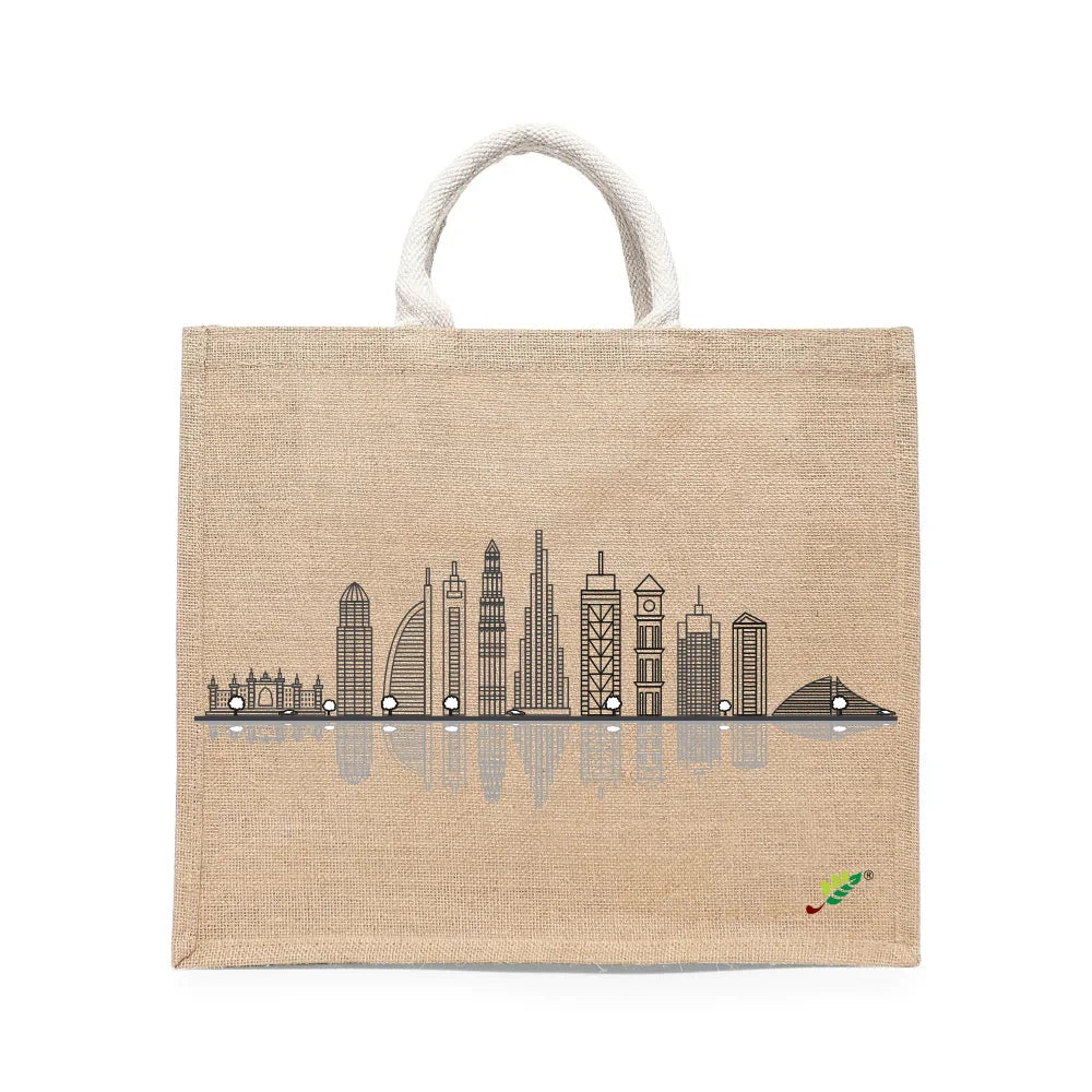 BYFT - Dubai Skyline Printed Laminated Jute Bag With Gusset - Brown - 43 cm