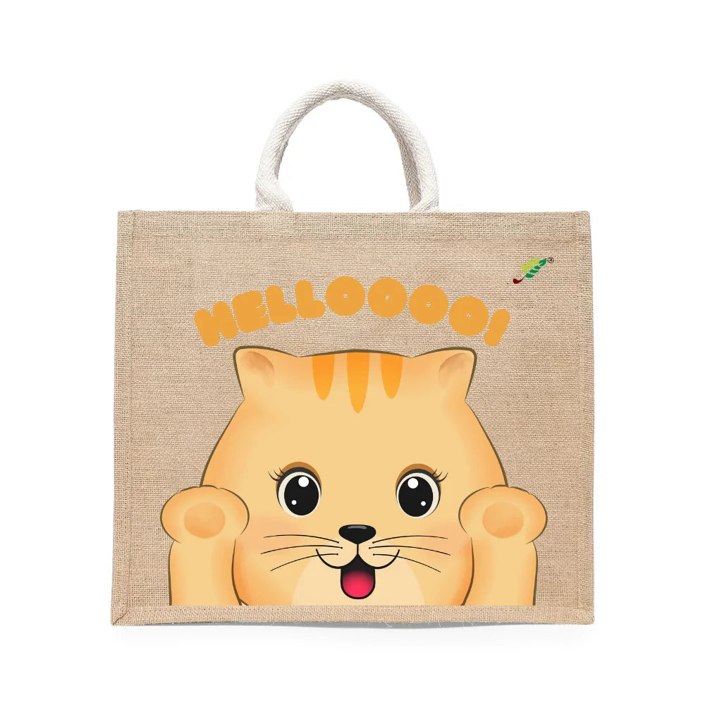 BYFT - Helloooo Printed Laminated Jute Bag With Gusset - Brown