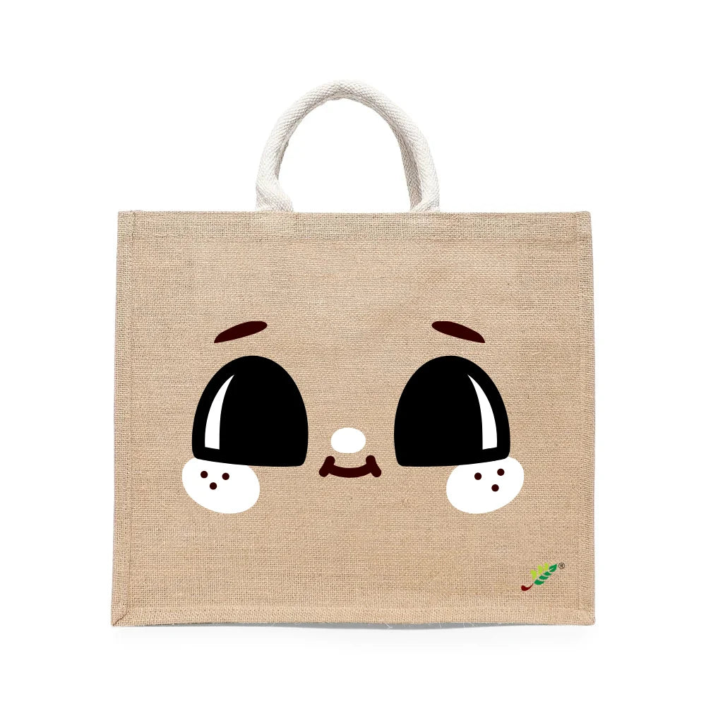 BYFT - Cute Wide-Eyed Printed Laminated Jute Bag With Gusset - Brown