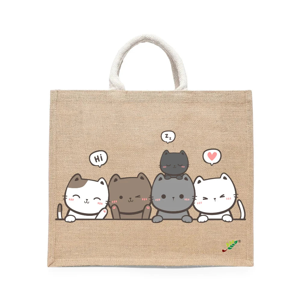 BYFT - Cute Kitty Printed Laminated Jute Bag With Gusset - Brown