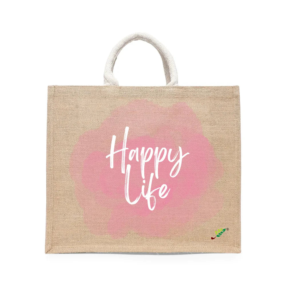 BYFT - Happy Life Printed Laminated Jute Bag With Gusset - Brown