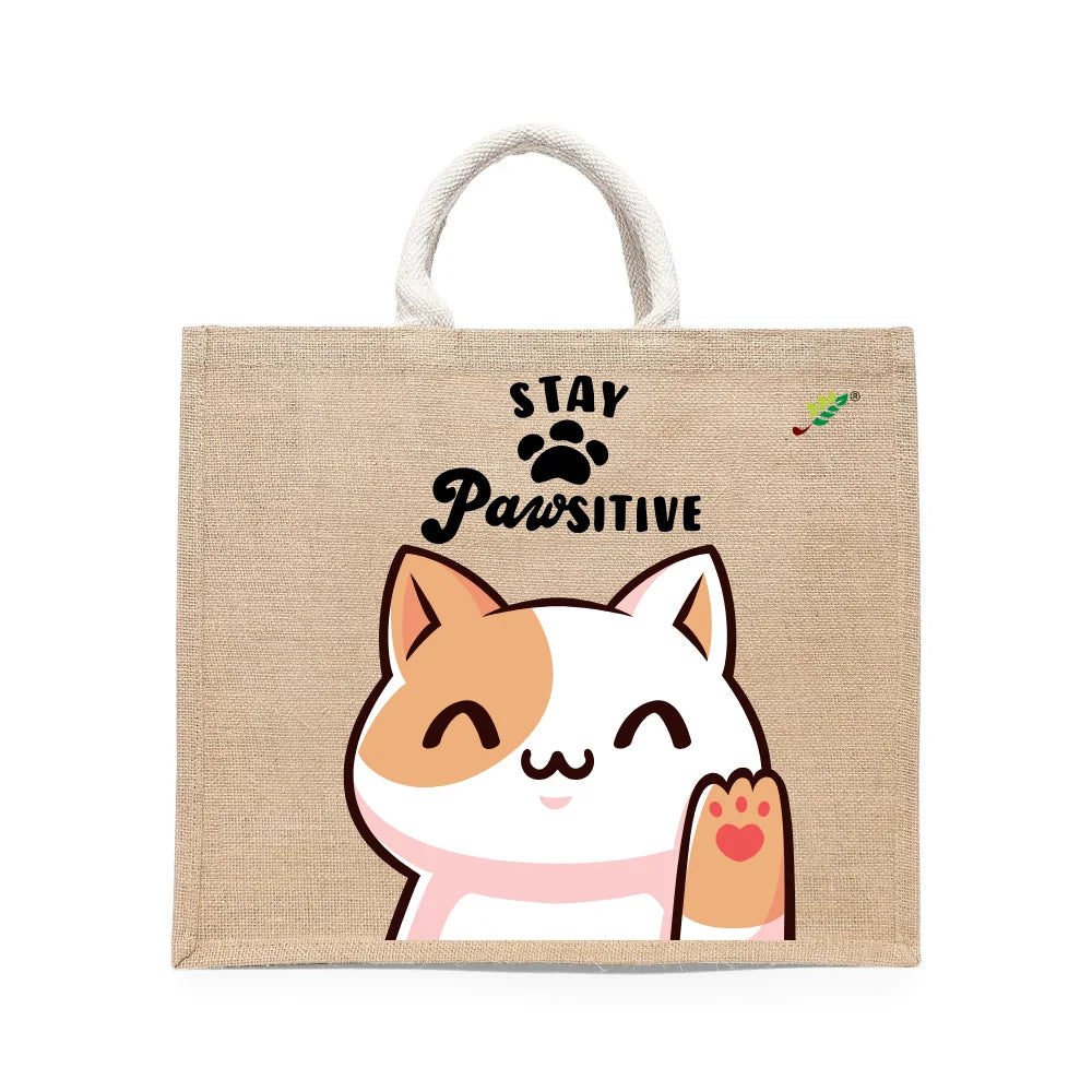 BYFT - Stay Pawsitive Printed Laminated Jute Bag With Gusset - Brown
