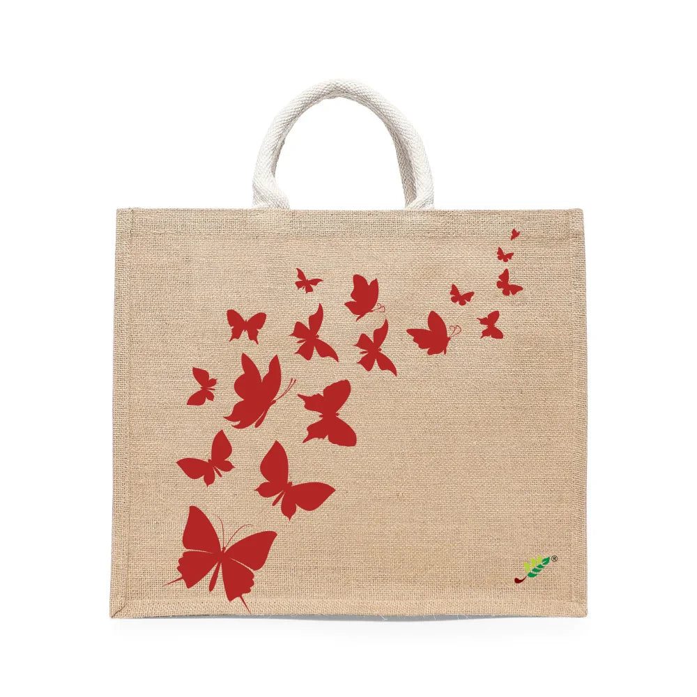 BYFT - Butterfly Printed Laminated Jute Bag With Gusset - Brown