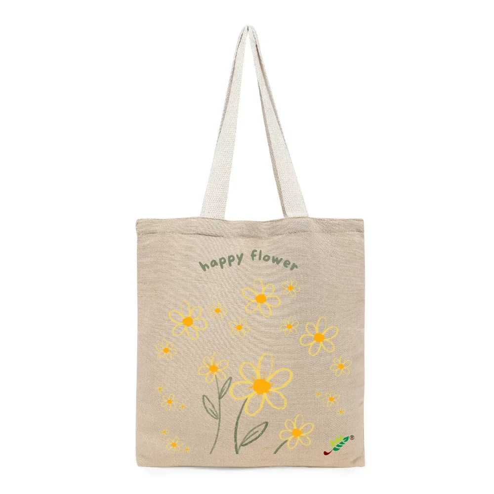 BYFT - Printed Unlaminated Juco Tote Bag - Happy Flower