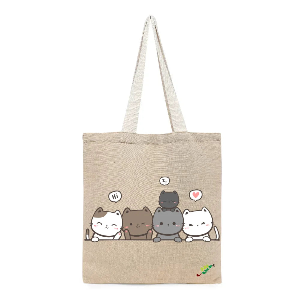 BYFT - Printed Unlaminated Juco Tote Bag - Cute Kitty