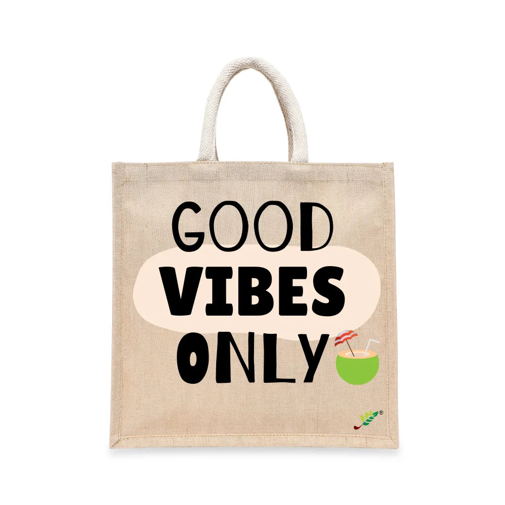 BYFT - Printed Laminated Juco Tote Bag With Gusset - Good Vibes Only