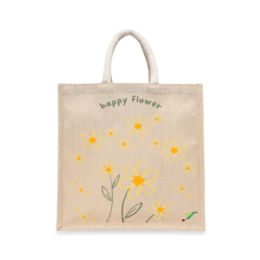 BYFT - Printed Laminated Juco Tote Bag With Gusset - Happy Flower