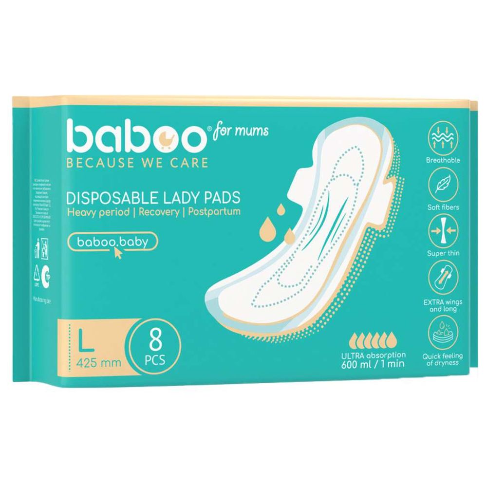 Baboo Postpartum Disposable Maternity Pads Large - Pack of 8