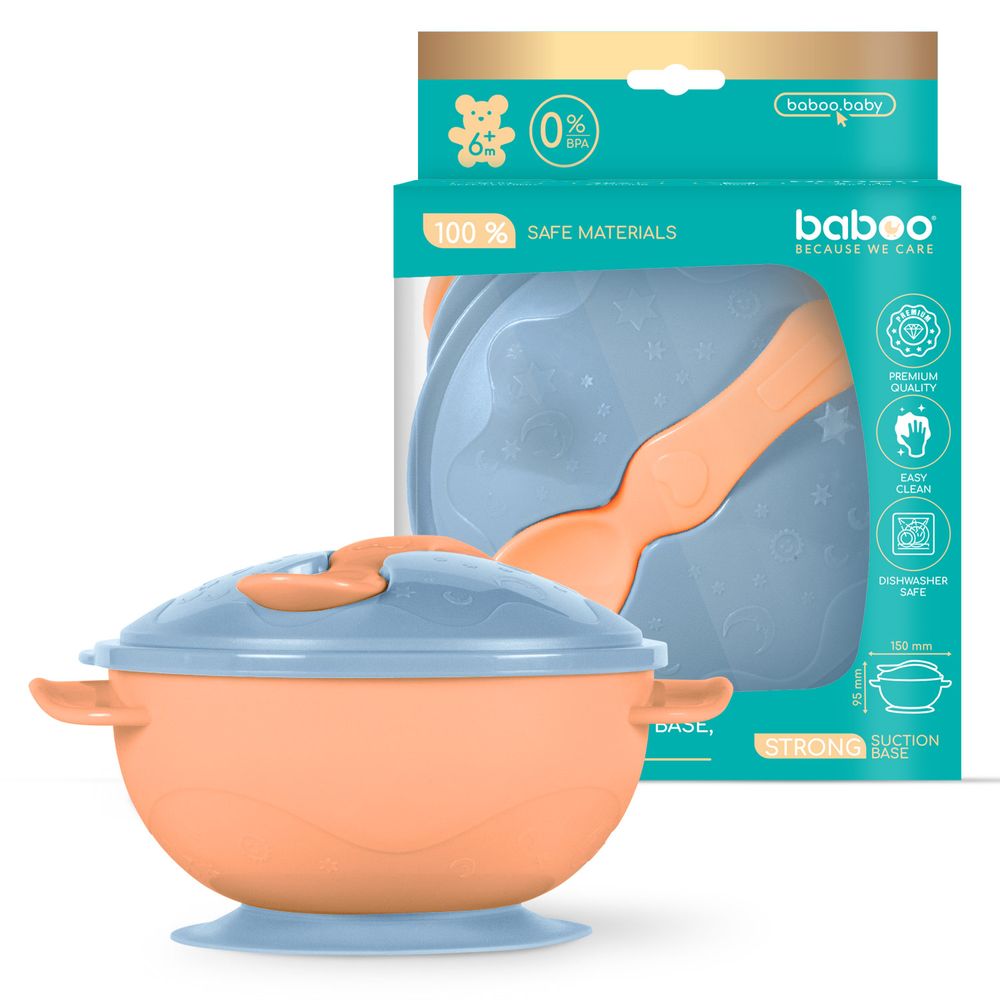 Baboo - Suction Feeding Bowl And Spoon Set - Blue Haze - 6m+