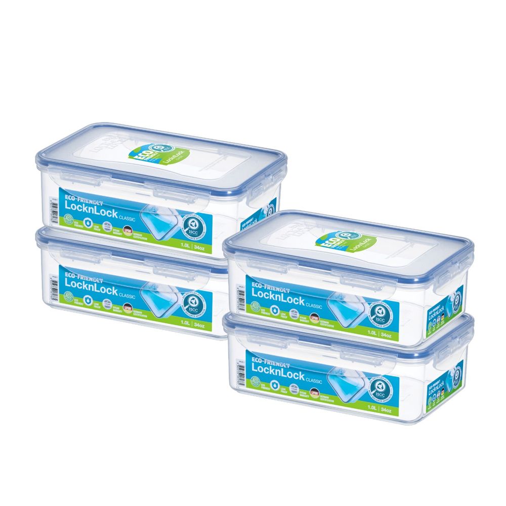 Lock & Lock - Rectangle Food Container - Pack Of 4 - Blue/Clear - 1 L