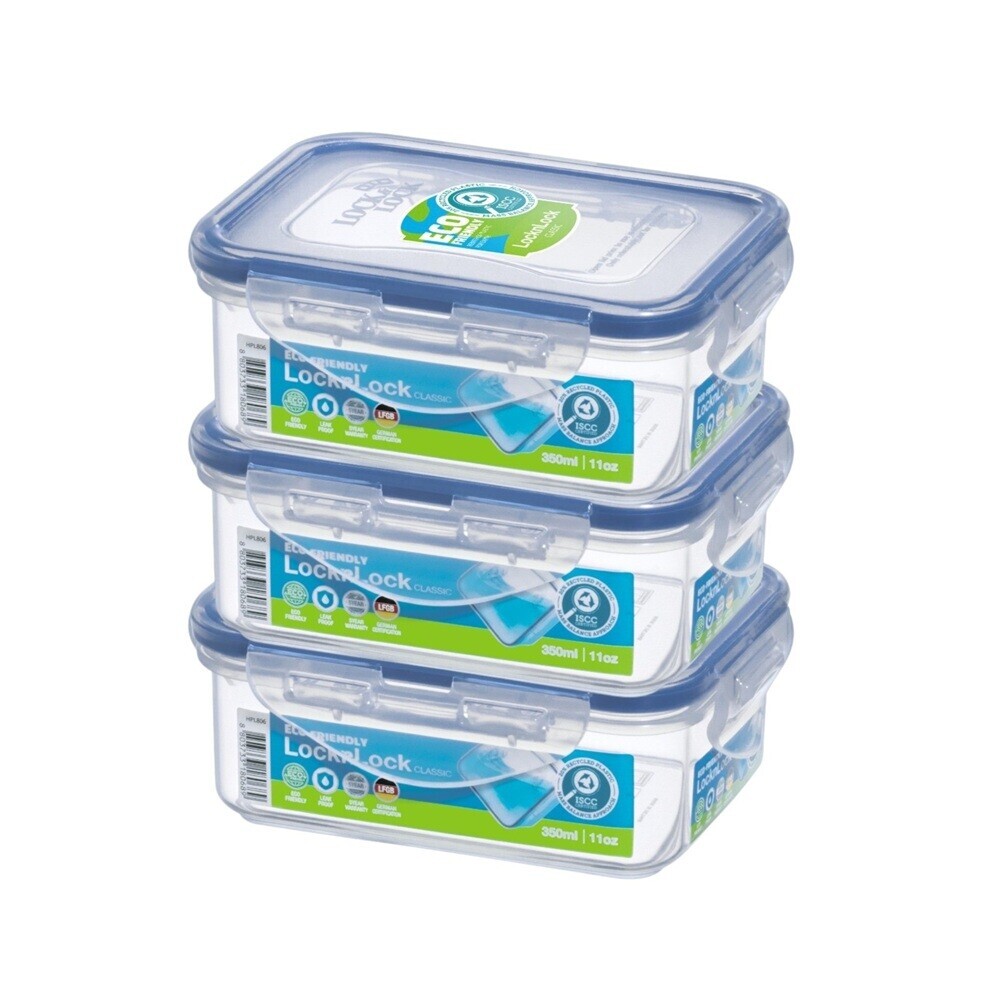Lock&Lock - Classic Rectangular Food Container Set - Clear/Blue - 3 Pcs - 350 ml