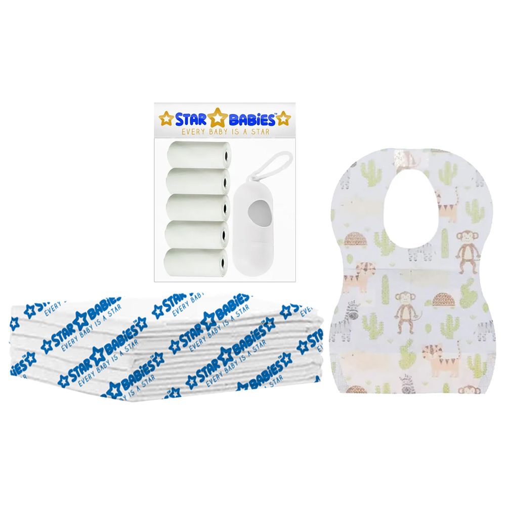 Star Babies - Disposable Changing Mat 5pcs, Bibs 5pcs, Scented Bag With Dispenser - White