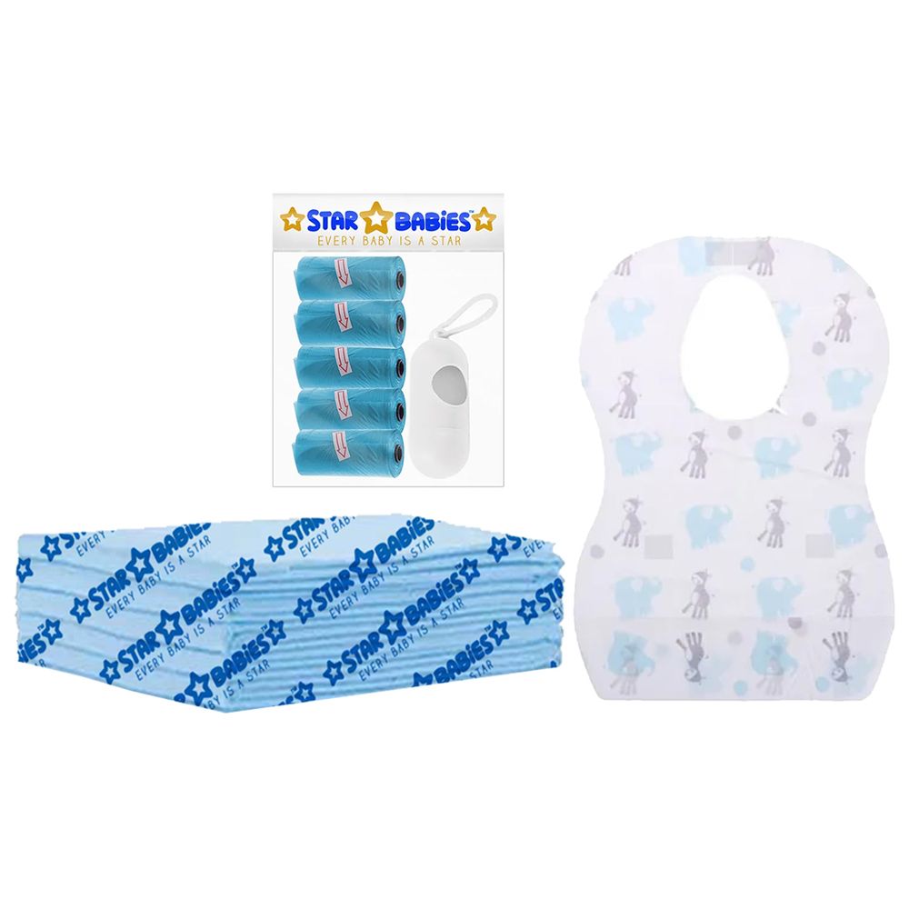 Star Babies - Disposable Changing Mat 5pcs, Bibs 5pcs, Scented Bag With Dispenser - Blue