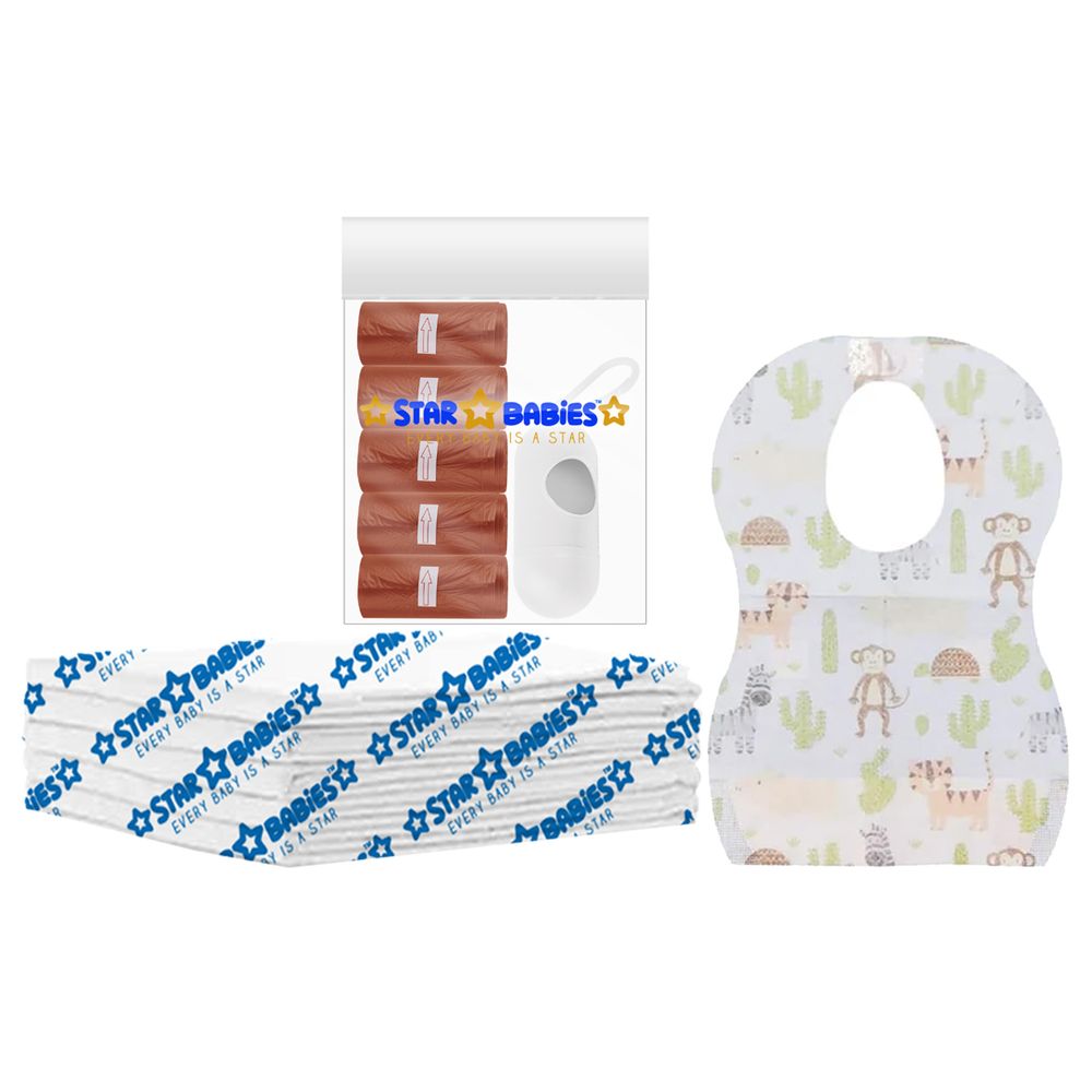Star Babies - Disposable Changing Mat 5pcs, Bibs 5pcs, Scented Bag With Dispenser - Brown